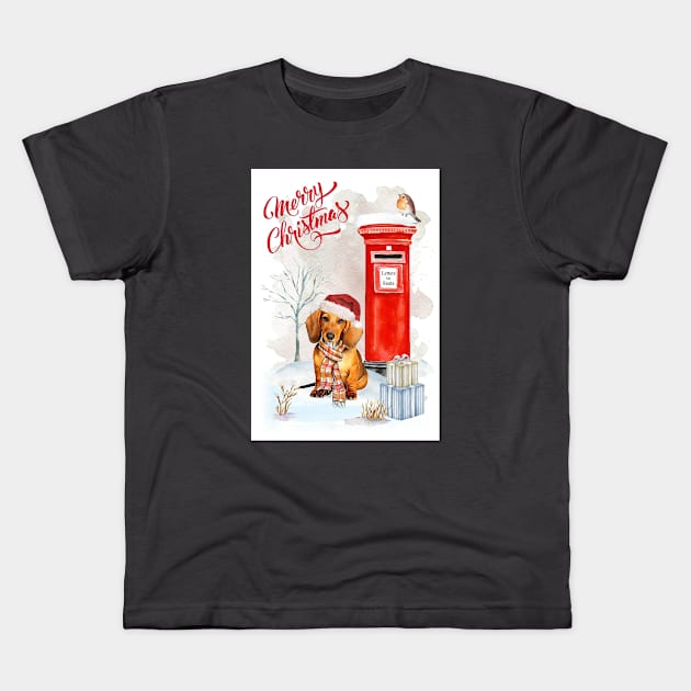 Red Dachshund Puppy Merry Christmas Santa Dog Kids T-Shirt by Puppy Eyes